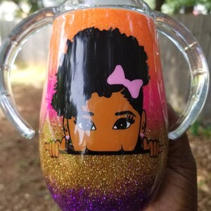 Rainbow colored Glittered Peek-a-boo Baby Girl with bow Sippy Cup