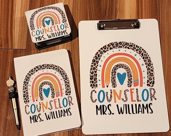 Counselor's Customized Clipboard, notebook/journal, pen, and Post it Holder Gift Set