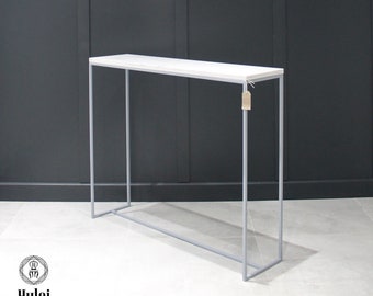 Handmade Mild Steel framed console table radiator cover with stone worktop silver grey powder coated frame