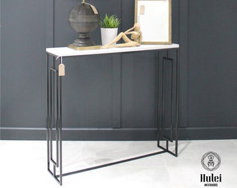 Handmade Mild Steel Framed Console Table with art-deco pattern on the side