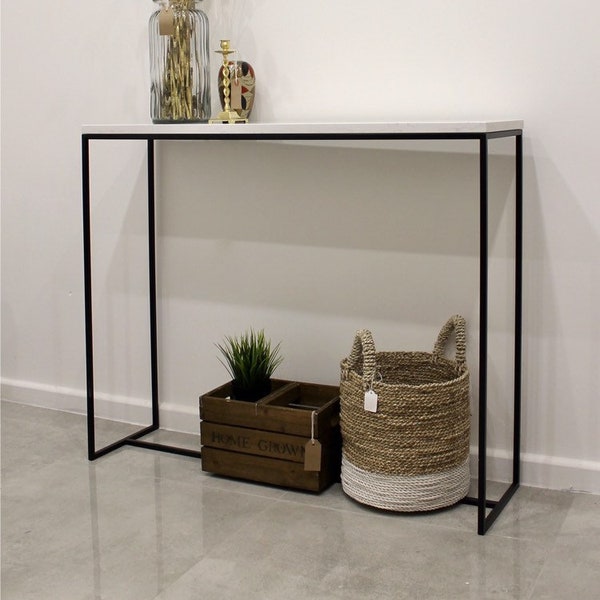 Mild Steel framed console table radiator cover, narrow console table with quartz worktop