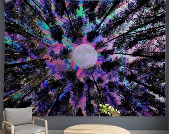 Trippy Tapestry, Psychedelic Colorful Forest, Moon Tapestry, Black Light Purple, Boho Wall Decor Art