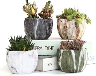 4 Pack Marble Flower Pots, Succulent Planters, Ceramic Pots with Drainage Hole, Modern Art Home Decor