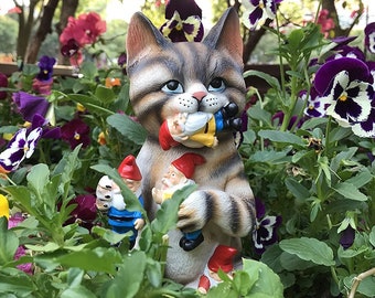 Mischievous Cat Garden Gnome Statue Figurine - Best Art Decor for Indoor Outdoor Home Or Office