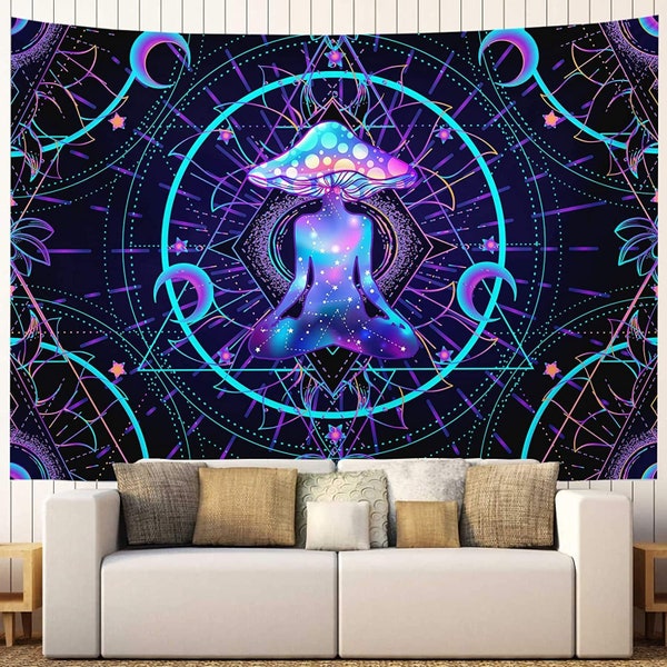 Trippy Tapestry Mushroom, Psychedelic Chakra, Black Cosmic Mandala Tapestry, Boho Wall Decor