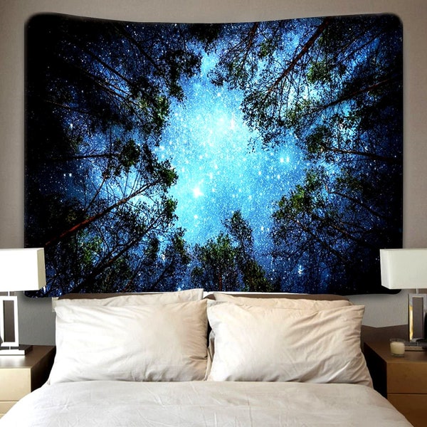 Forest Tapestry Wall Hanging 3D Printing Trees Tapestry, Starry Galaxy Tapestry, Magical Nature Landscape, Milky Way Night Sky Tapestry