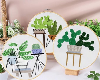 Beginner Embroidery Kit 3-Pack - Cactus Cross Stitch Starter Set with Patterns, Detailed Instructions, DIY Arts & Crafts Project