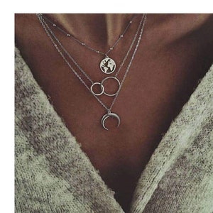 Boho Layered Necklace Moon Necklaces Map Pendant Silver Jewelry for Women and Girls image 1