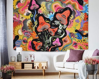 Mushroom Tapestry, Aesthetic Floral Design - Colorful Wall Hanging for Room Decor, Hippie Wall Art, Psychedelic Dorm Tapestry