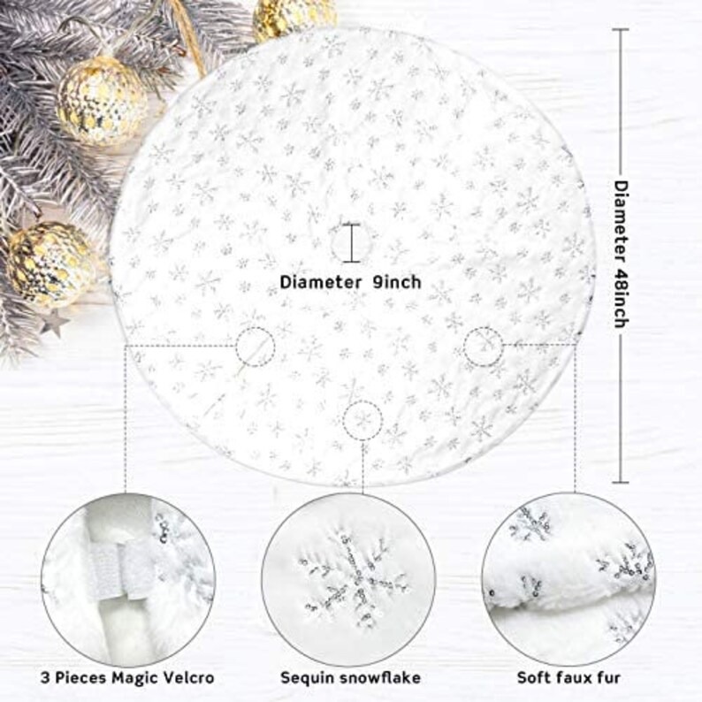 Snow White Christmas Tree Skirt With Sequin Silver Snowflakes Etsy
