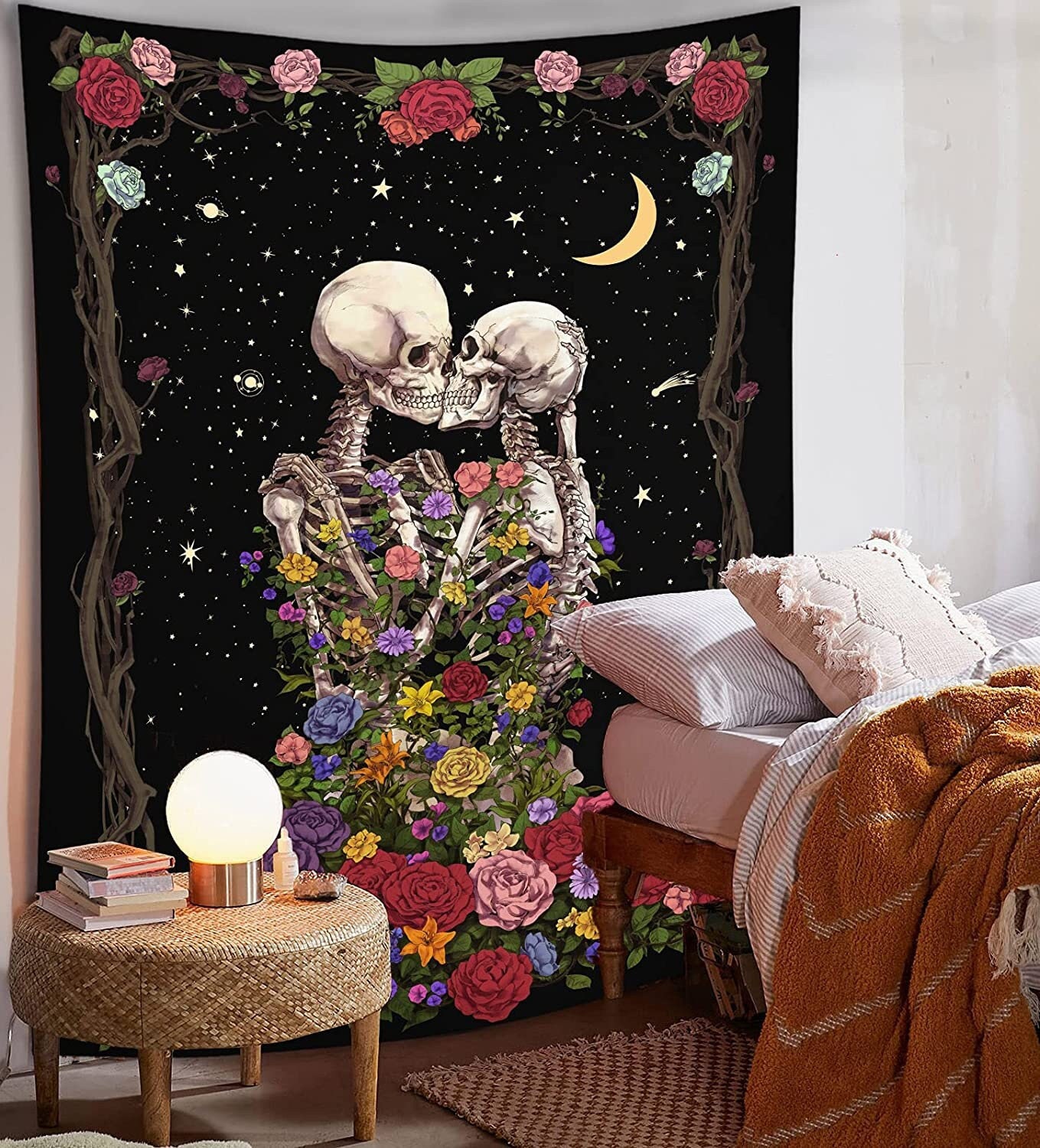 Mushroom Skull Gothic Tapestry Skeleton Floral Plant Flower