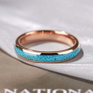 Rose Gold Womens Tungsten Ring, Turquoise Granules Inlay Wedding Band, Engagement Ring