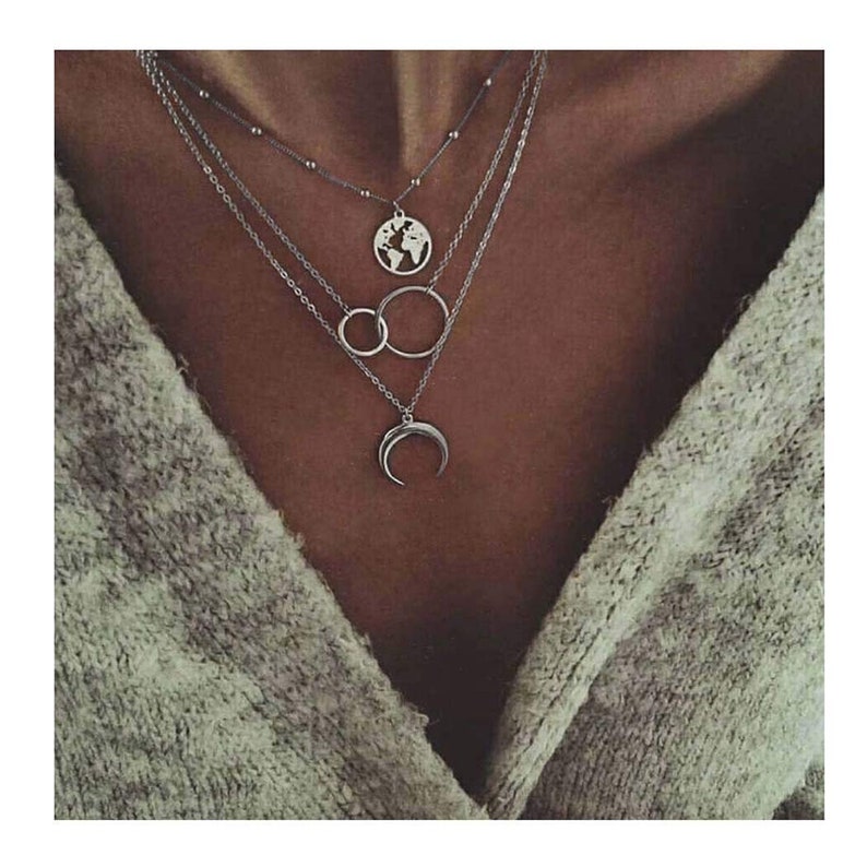 Boho Layered Necklace Moon Necklaces Map Pendant Silver Jewelry for Women and Girls image 1