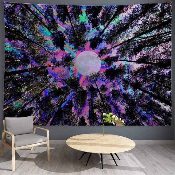 Trippy Tapestry Psychedelic Colorful Forest Moon Tapestry Black