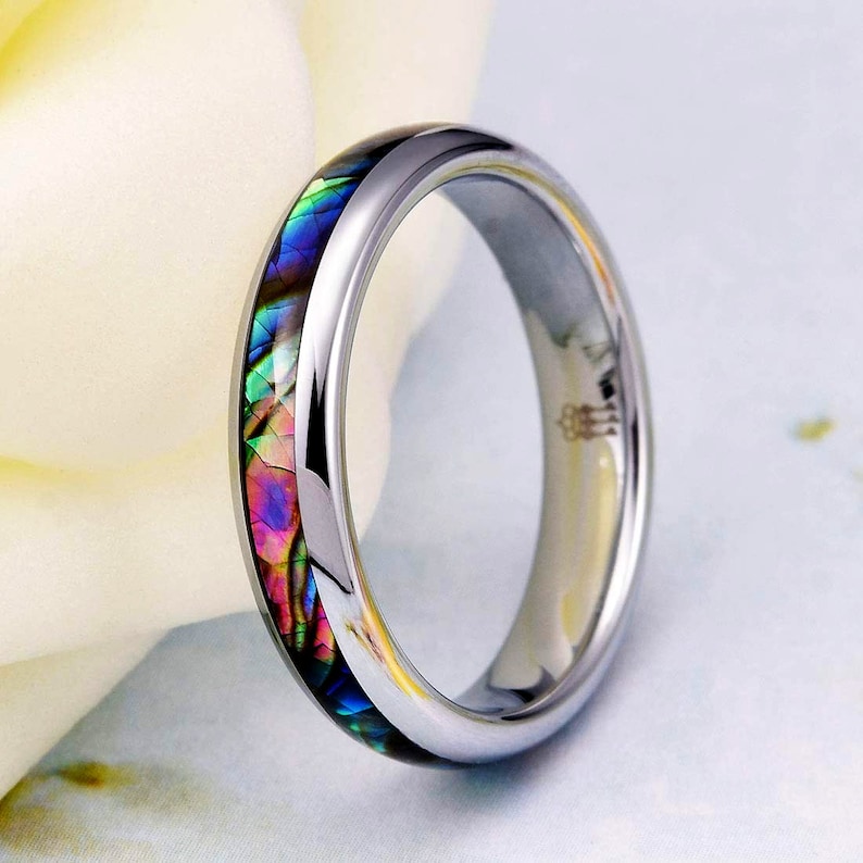 Silver Tungsten Ring Abalone Shell Inlay Domed Band Womens Etsy