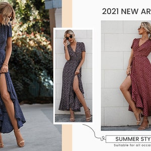 Retro Women's Summer Wrap Maxi Dress, Casual Boho Floral V Neck, Short Sleeve, Ruffle Hem Split, Beach Long Dresses