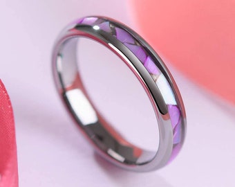 Womens Silver Tungsten Ring, Purple Shell Inlaid Engagement Band, Valentines Day Gift for Her