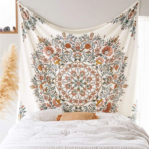 Mandala Flower Tapestry Wall Hanging, Bohemian Hippie White Tapestry, Sketched Floral Print