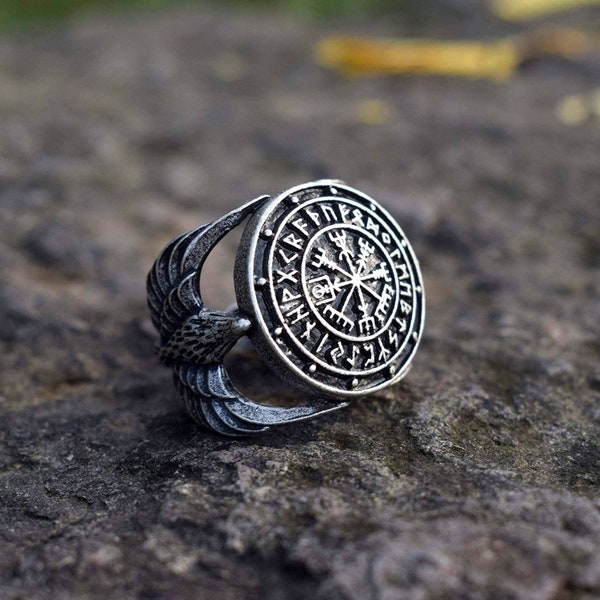 Vegvisir Ring Triskele Norse Viking Ring, Celtic Runes Magic Compass, Viking Runic Compass Futhark Runes Stave, Nordic Jewelry