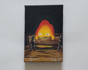 Anime movie inspired art, 2x3 mini canvas painting, fire themed artwork, anime character artwork, moving castle painting,