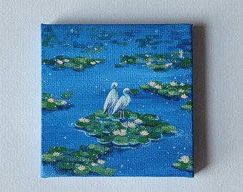 Painted Heron Artwork, 3x3 mini canvas artwork, handmade fridge magnet, painted crane artwork, lily pad themed painting, gift ideas for her