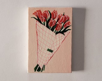 Bouquet de tulipes, mini toile 2 x 3 pouces, oeuvre d'art de style rétro, art floral mignon, peinture de bouquet de fleurs, oeuvre d'art tulipe rouge,