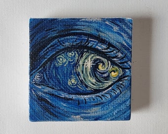 Oeil étoilé, mini peinture 2 x 2, peinture inspirée de la nuit étoilée, art peint miniature, thème de la lune et des étoiles,