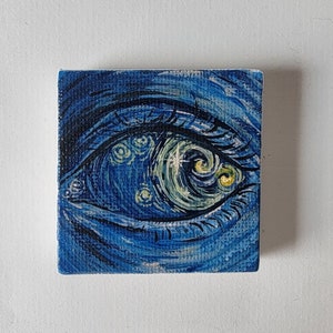 Starry Eye, 2x2 mini painting, starry night inspired painting, miniature painted art, moon and stars theme, image 1