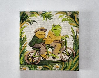 Frog and Toad Art, 3x3 mini painted canvas, children’s book illustration, cute frog art, cute toad art, gifts for her