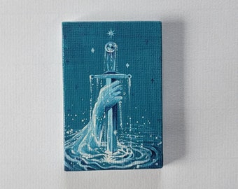 Excalibur Sword Painting, 2x3 mini painted canvas, handmade fridge magnet, King Arthur painting, blue water painting, gamer gift idea,