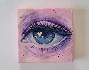 Art magique des yeux de fille, mini peinture 2 x 2, oeuvre d'art coeur mignon, mini art peint à la main,