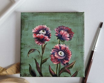 Floral Eye Art - 3x3 artwork, mini canvas painting, flower art, eye artwork, painted magnet, hand painted tiny art