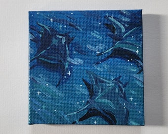 Peinture océan raie manta, mini toile 3 x3, aimant de réfrigérateur fait main, oeuvre d'art sur le thème de l'océan bleu, peinture acrylique vie océanique,