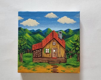 Farm House Painting, mini pittura 3x3, opere d'arte stardew, videogioco simulatore di vita agricola, idea regalo per ragazza giocatrice,