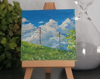 Oeuvre d'art paysage nuage, mini toile peinte 3 x 3