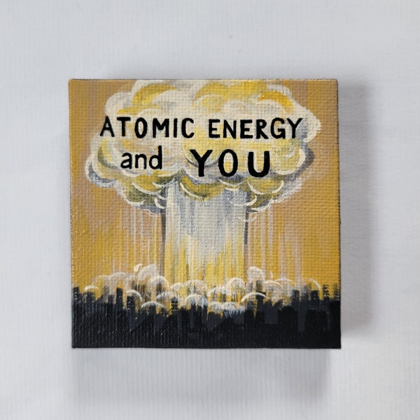 Videogame inspired art, 3x3 mini painting, vintage atomic poster,  steampunk theme artwork, post apocalyptic illustration, atomic energy art