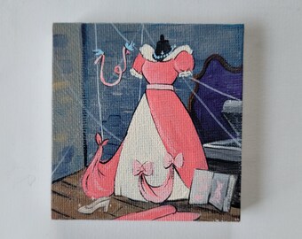 Cinderella Painting, 3x3 mini painting, hand painted artwork, princess painting, glass slipper, fairytale storybook,