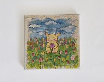 Video game inspired artwork, 3x3 mini painted canvas, yellow game character, handmade fridge magnet, gift idea for gamers,