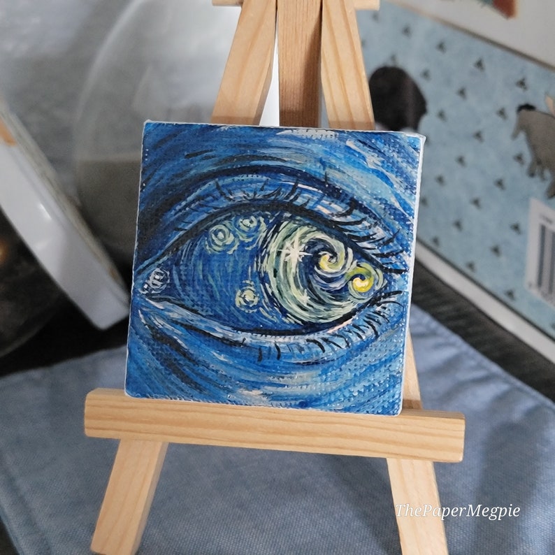 Starry Eye, 2x2 mini painting, starry night inspired painting, miniature painted art, moon and stars theme, image 8