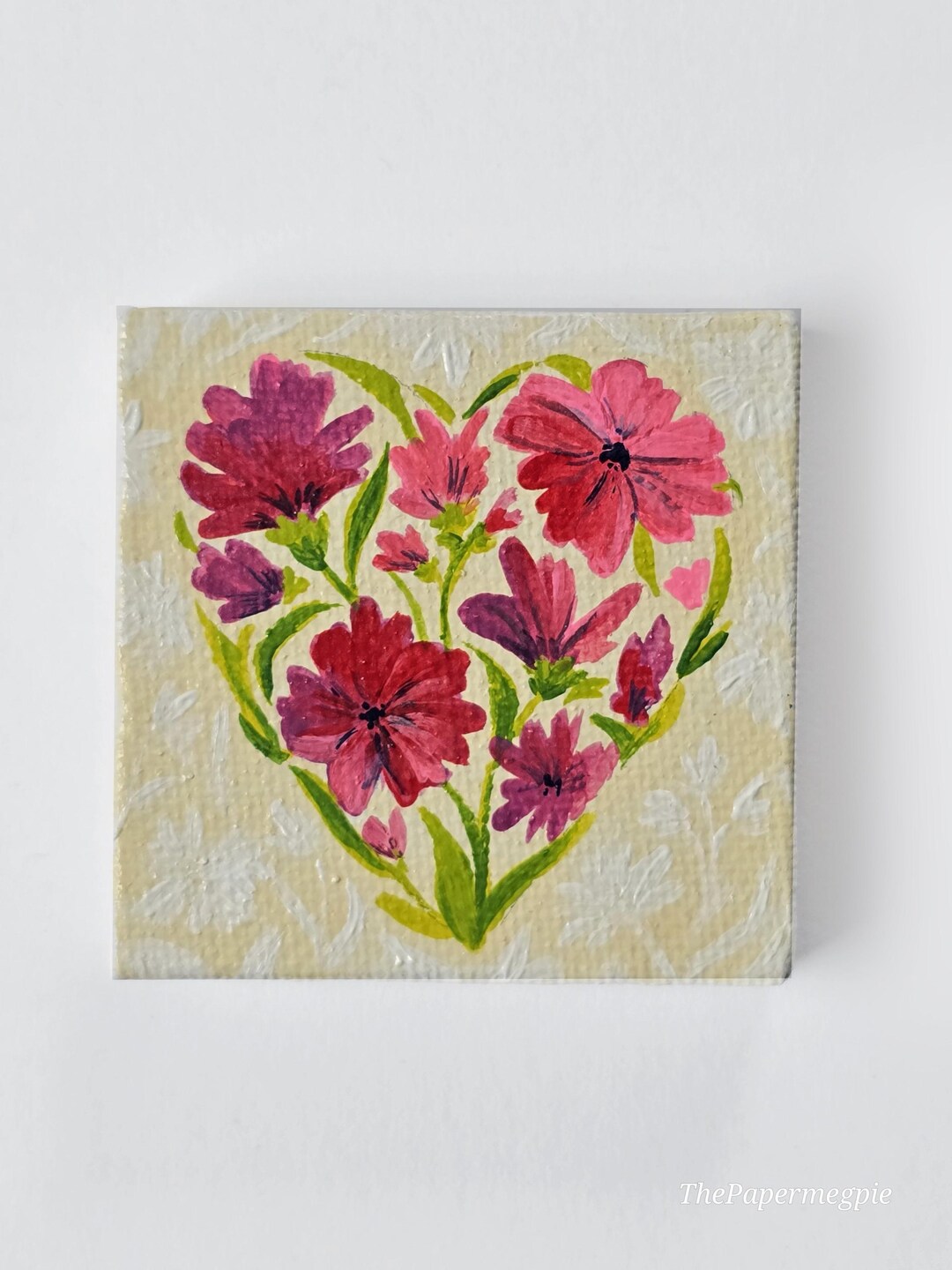 ワイルドフラワーハート、2x2ミニ絵画、ピンクと赤のアートワーク