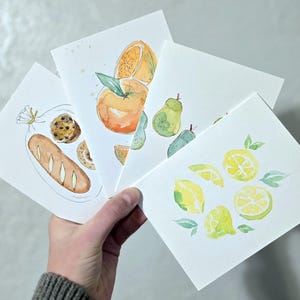 Biglietti acquerellati dipinti a mano, biglietti di auguri vuoti, graziose illustrazioni di cibo, biglietti di auguri primaverili, biglietti 4x6, biglietti con buste