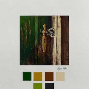 La puerta vieja, mini lienzo de 3 x 3 pulgadas, pintura acrílica hecha a mano, obra de arte pintada original,