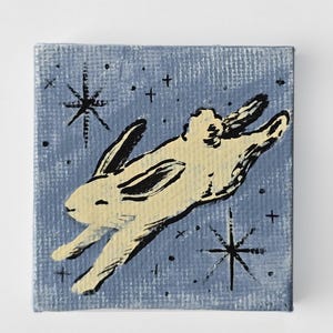 Conejito de buenas noches, mini pintura 2x2, pintura inspirada en la noche estrellada, arte pintado en miniatura, tema de luna de buenas noches,