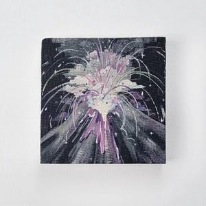 May include: A small painting on canvas depicting a stylized, abstract, white and purple flower with a black background. The flower has a white center and is surrounded by white and purple petals. The background is black with white and gray streaks.