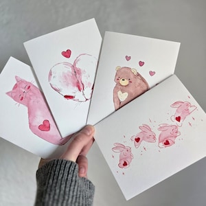 Cartões de Dia dos Namorados com animais, Cartões de Dia dos Namorados em branco, Cartões de aquarela pintados à mão, Arte original, Presentes para namorada, Cartão com envelope,