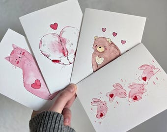 Tarjetas de San Valentín con animales, tarjetas de San Valentín en blanco, tarjetas de acuarela pintadas a mano, arte original, regalos para novia, tarjeta con sobre,