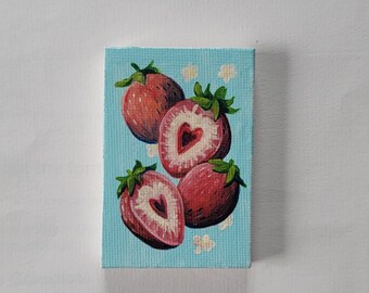 Peinture aux fraises, mini toile peinte 2 x3, peinture de fruits mignons, idée cadeau pour elle,