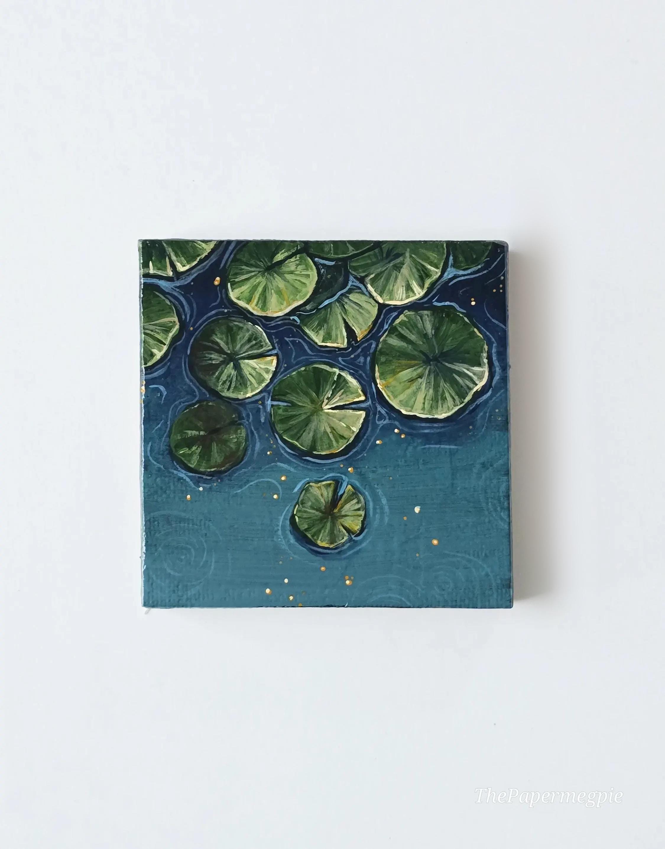 Lily Pad Painting, 3x3 Mini Canvas Painting, Handmade Fridge