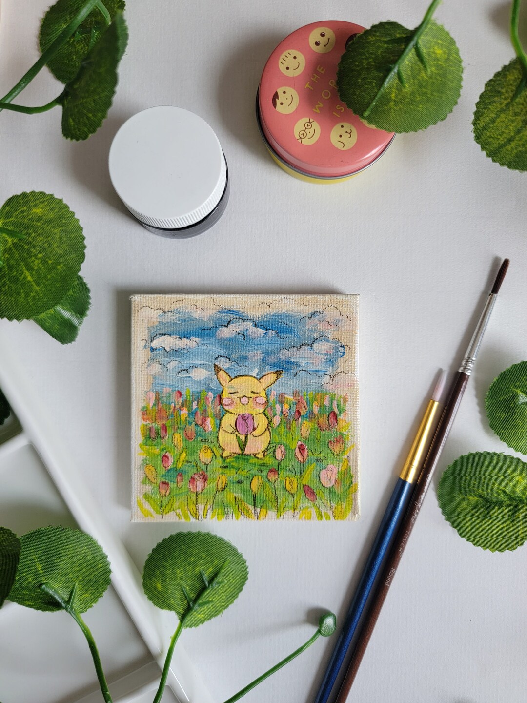 Video Game Inspired Artwork, 3x3 Mini Painted Canvas, Yellow Game Character, Handmade Fridge