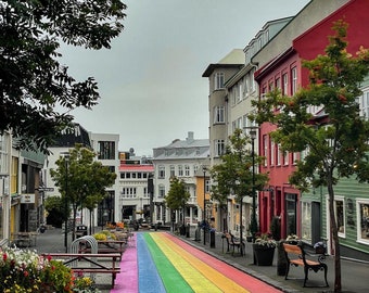 Reykjavik Street Print, rainbow road, reykjavik, iceland photography, city, wall art, city life, rainbow